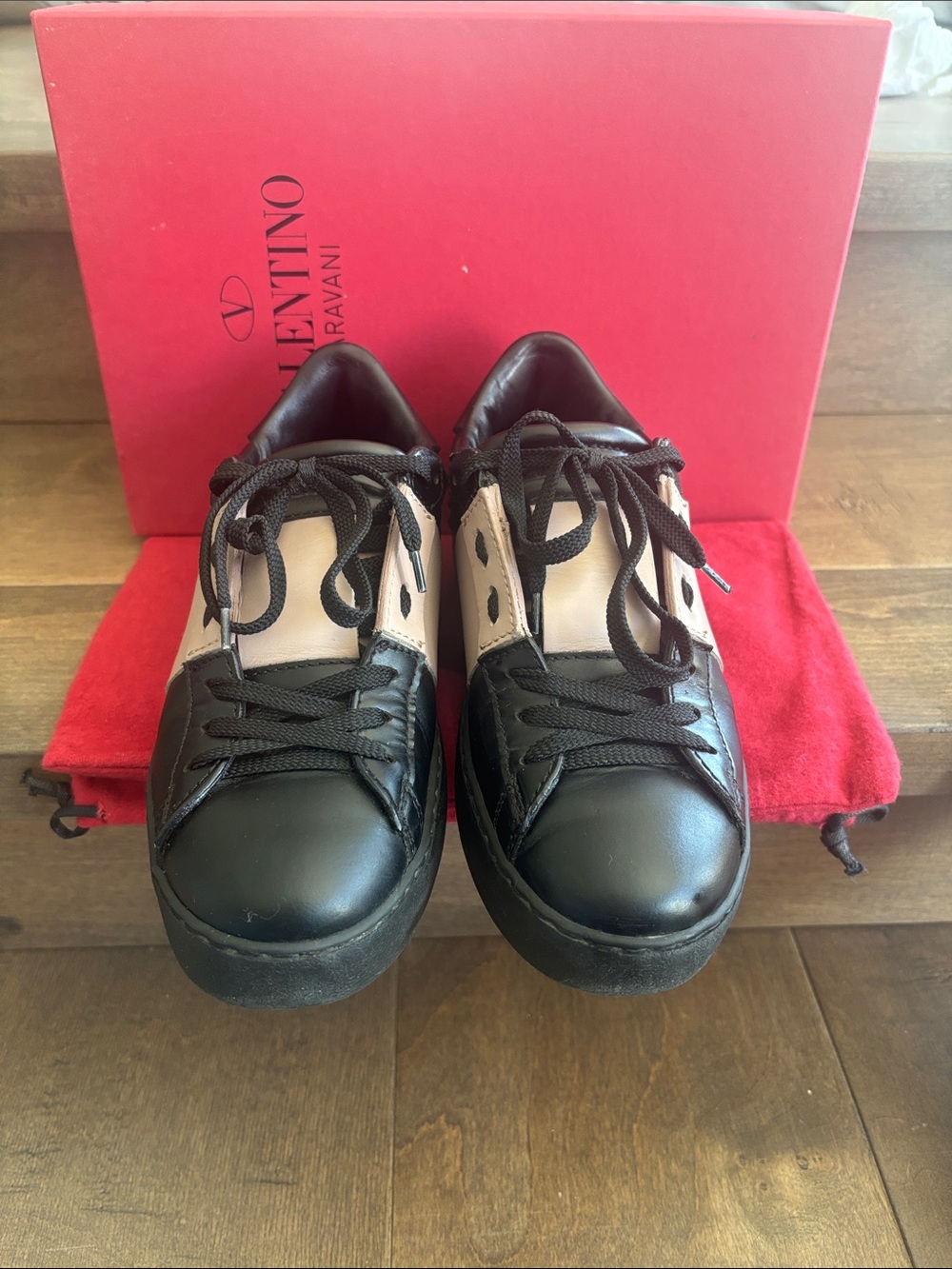 Valentino Garavani Black and Beige Leather Low-Top Sneakers
